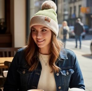 POMPOM TWO TONES BEANIE PISTACHIO COLOR